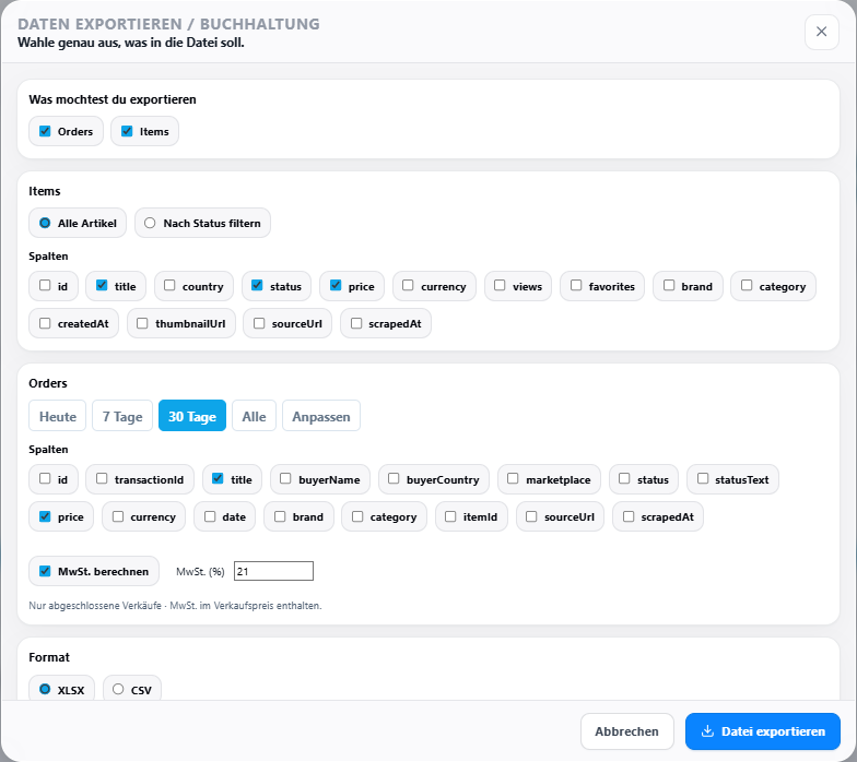 Exportpanel für Artikel und Bestellungen