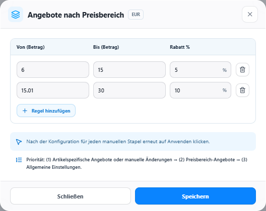 Konfiguration der Angebote nach Preisbereich