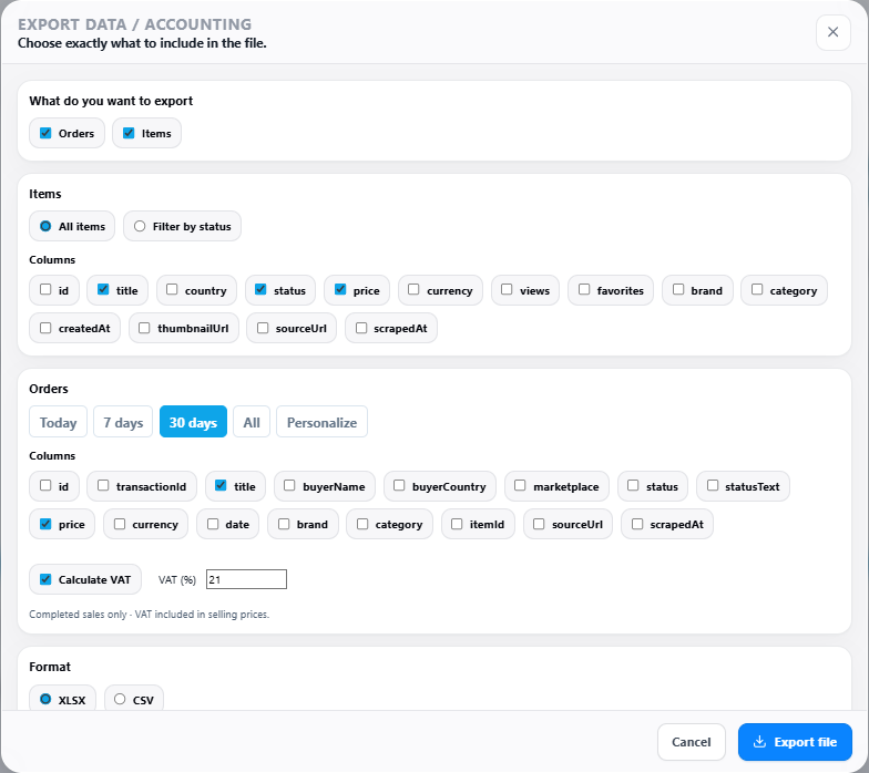 Item and order export panel