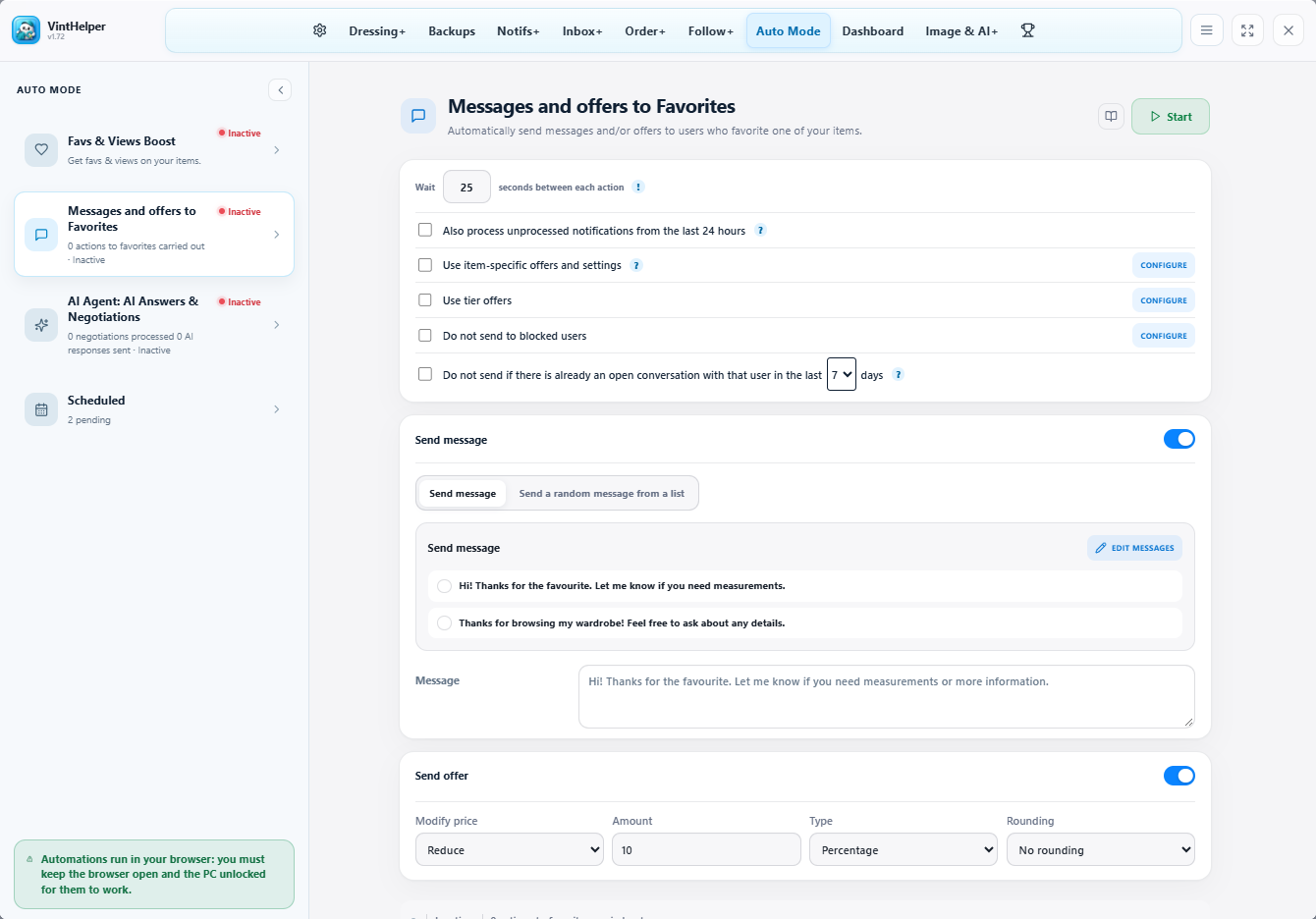 Automatic message and offer settings