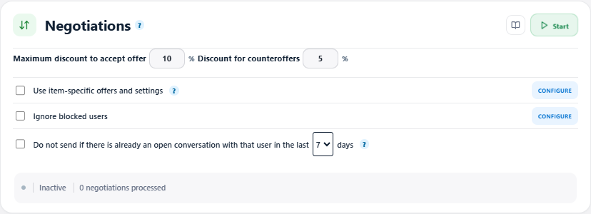 Discount limits and filters for automatic negotiations