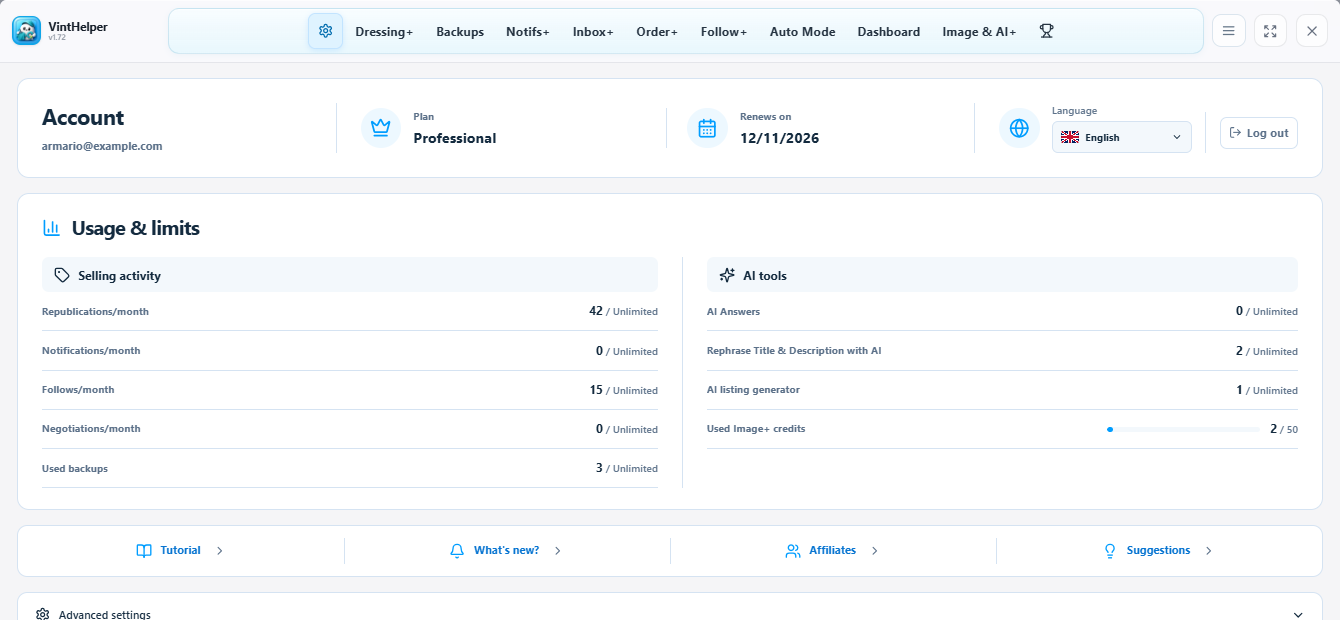 VintHelper account, plan and usage