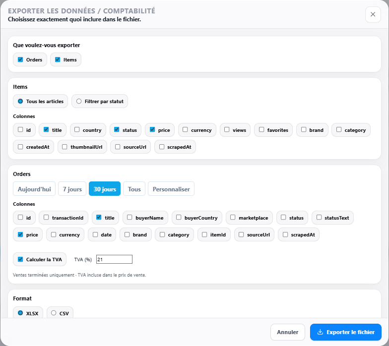 Panneau d’exportation des articles et commandes