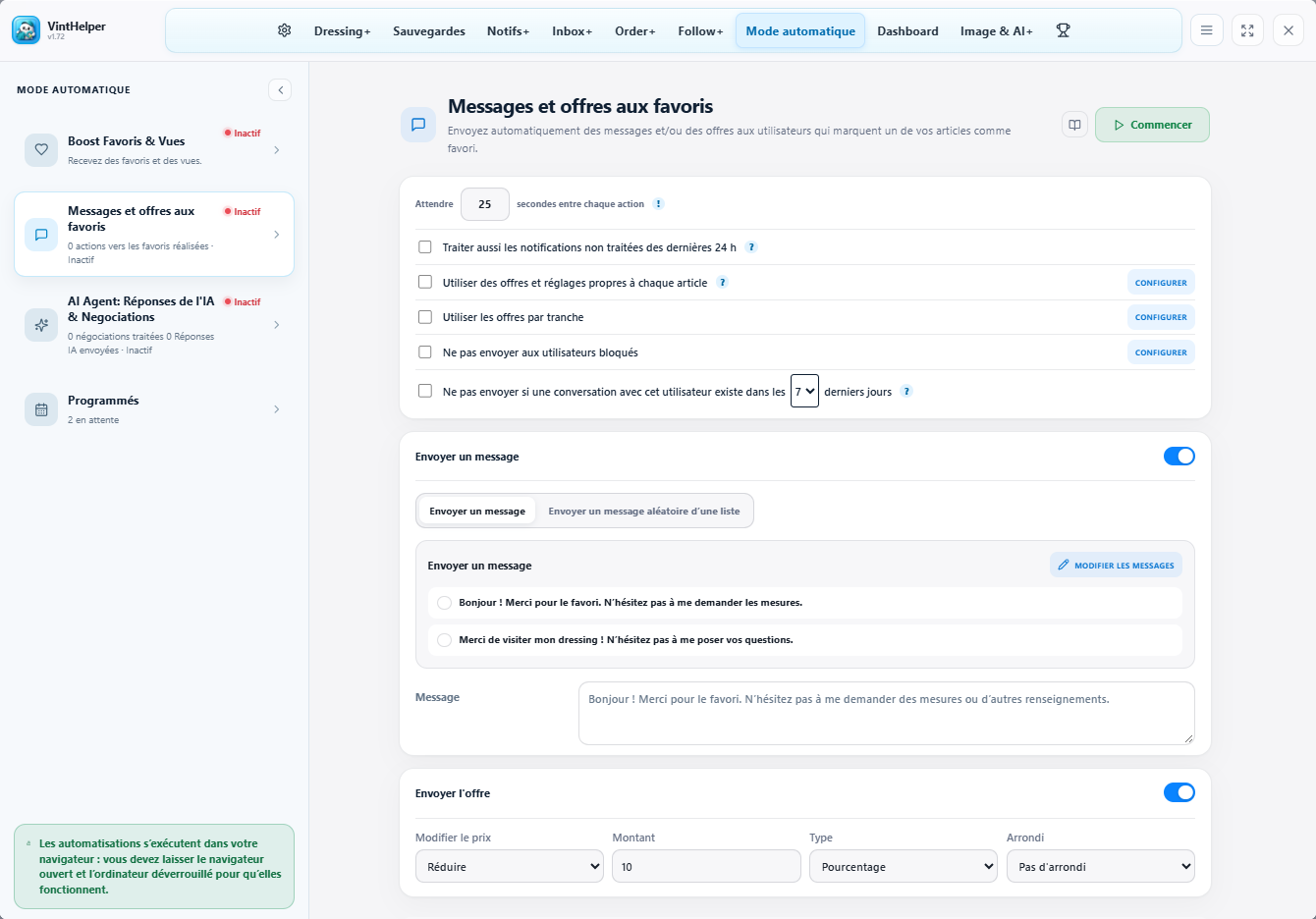 Configuration des messages et offres automatiques
