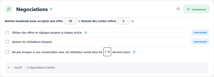 Marges et filtres des négociations automatiques