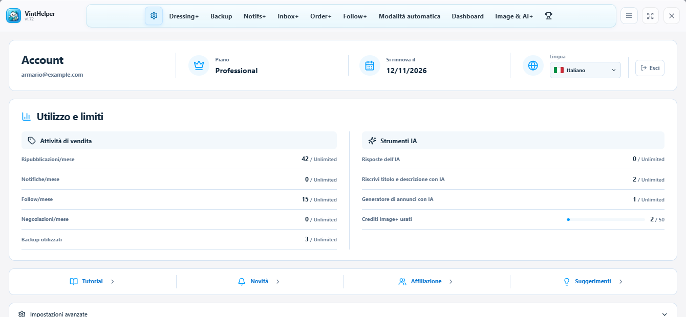 Account, piano e utilizzo di VintHelper