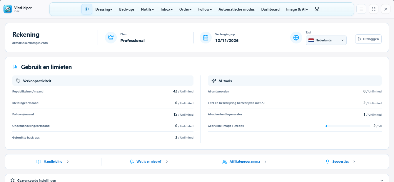 Account, abonnement en gebruik