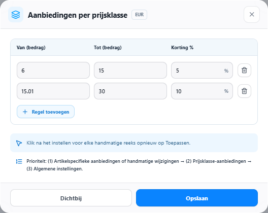 Instellingen voor aanbiedingen per prijsklasse