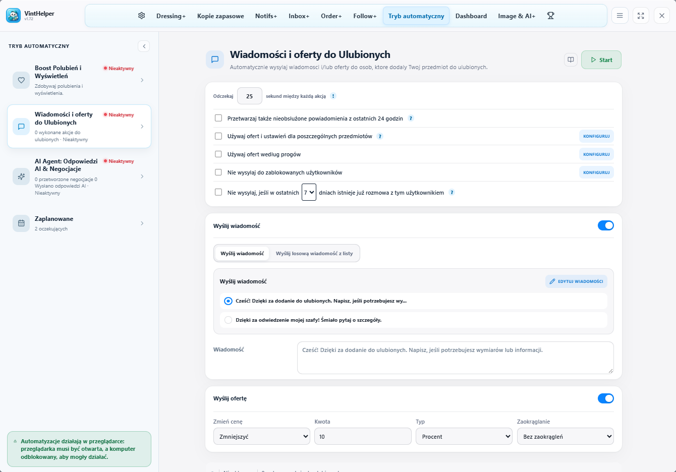 Ustawienia automatycznych wiadomości i ofert