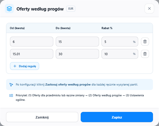 Konfiguracja przedziałów cenowych